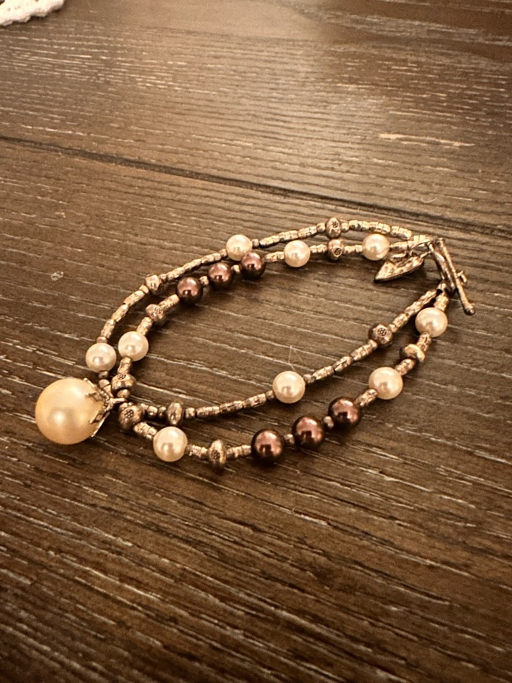 Elegant Multi-Strand Pearl and Metallic Bead Bracelet in Cream and Brown